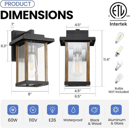 Outdoor Wall Sconce, Outside Porch Light Fixtures, Wall Mount Anti-Rust Exterior Wall Lights in Wood Grain Finish & Black Finish with Clear Glass for Garage Doorway Entryway