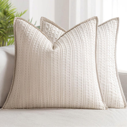 Woaboy Set of 2 Decorative 100% Cotton Waffle Throw Pillow Covers 18x18, Neutral Euro Shams Weave European Cushion Cases for Couch Sofa Bed Modern Farmhouse Home Decor, Cream