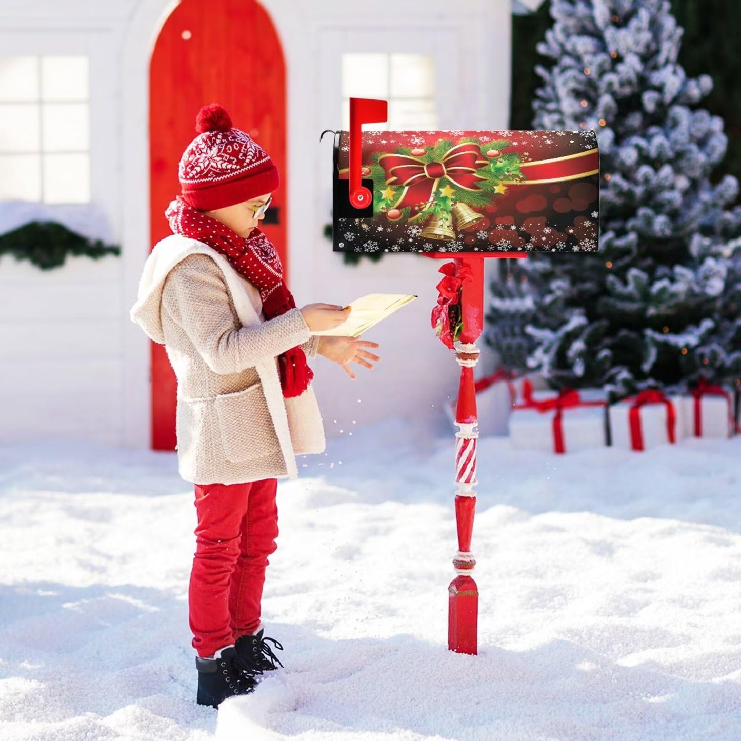 Wusikd Christmas Red Bell Snowflake Mailbox Cover Magnetic Standard Size Winter Poinsettia Mailbox Covers Letter Post Box Cover Wrap Decoration Welcome Home Garden Outdoor 21" Lx 18" W