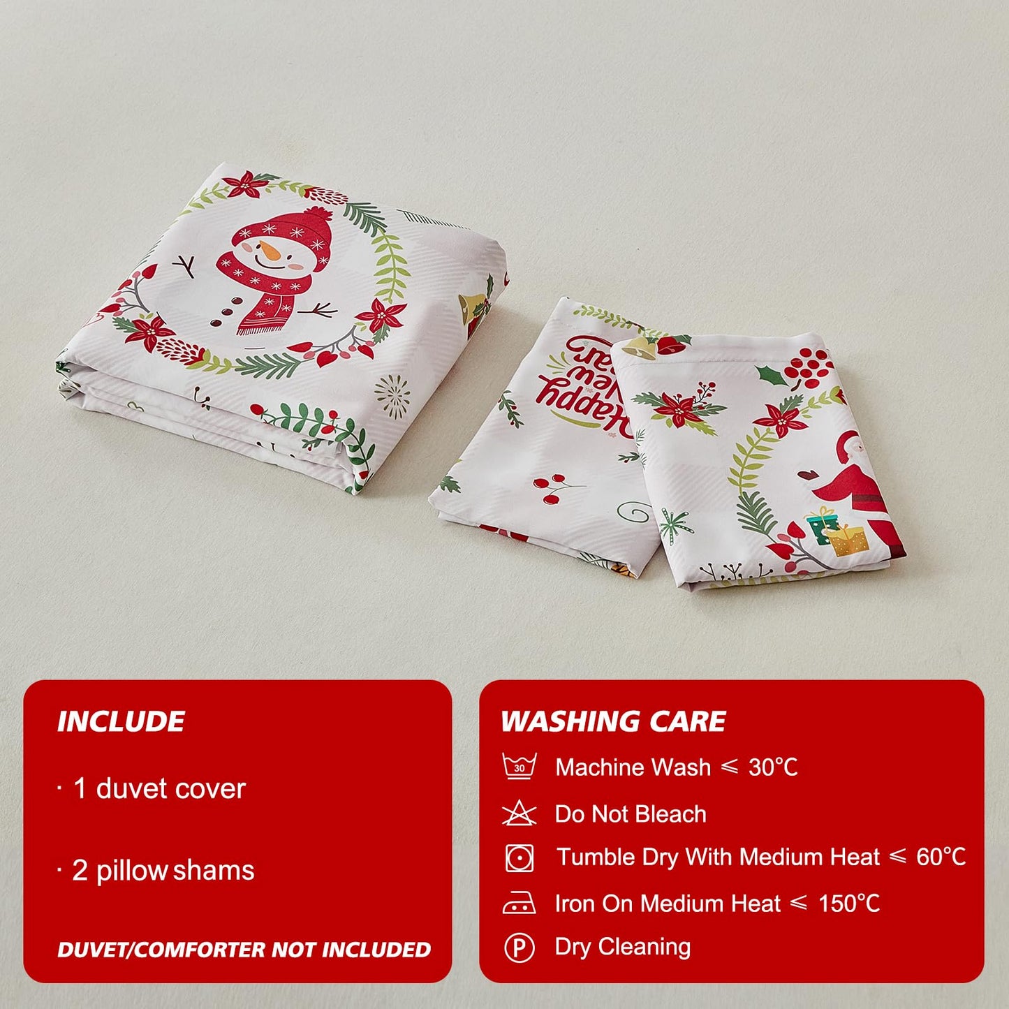 Joyreap 3pcs Christmas Duvet Cover Set King, Xmas Wreaths and Santa Claus Design Comforter Cover Set, Includes 1 Duvet Cover and 2 Pillow Shams