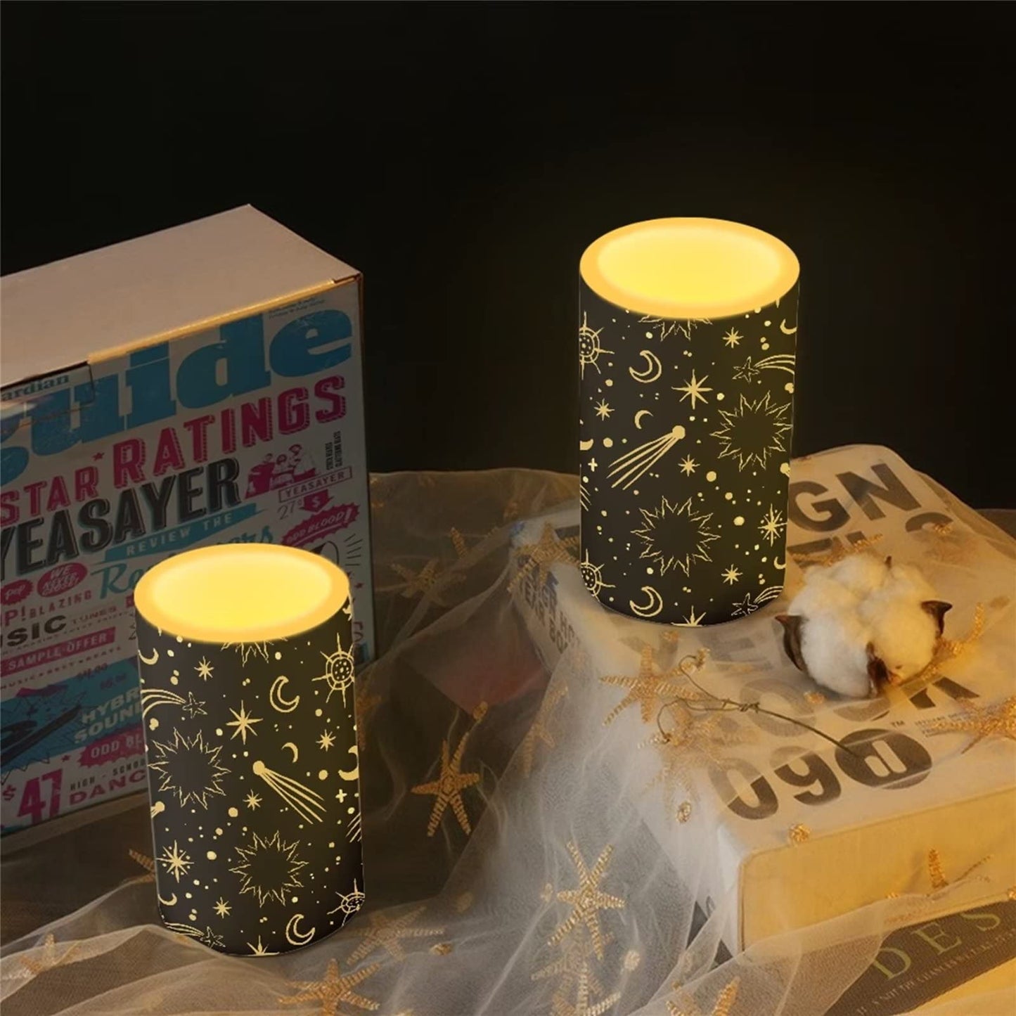 Cozeyat Star Moon Print Flickering Electric Tealights for Indoor Outdoor Decor,2 Pieces Flameless Votive Tea Lights,Real Wax Pillar LED Candles Battery Operated,Waterproof