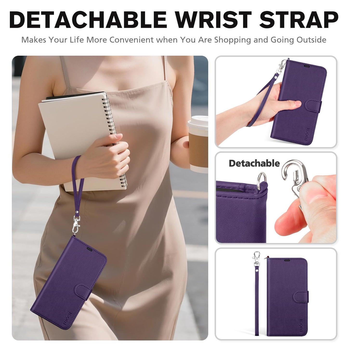 TUCCH Case Wallet for iPhone 17 Pro (6.3") 2025, Wrist Strap, Stand, RFID Blocking, 4 Card Holder, TPU Shockproof Shell, PU Leather, Magnetic Closure Folio Protective Cover, Deep Purple