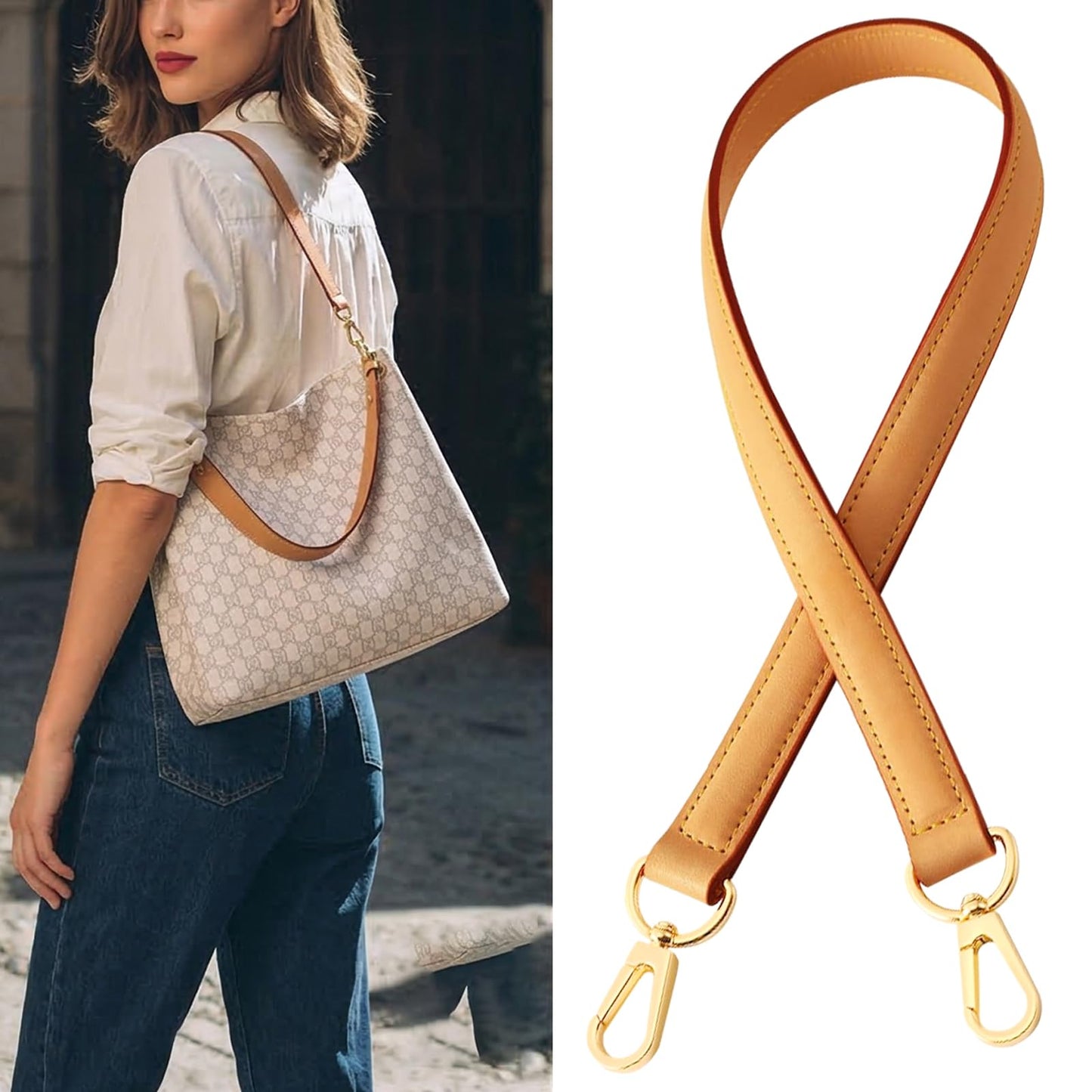 STBL Genuine Vachetta Leather Replacement Straps Purse Shoulder Short Strap Conversion kit for Graceful Tote Soft Speedy Alma and Dauphine & DIY Leather Purse Strap ﻿ (Beeswax)