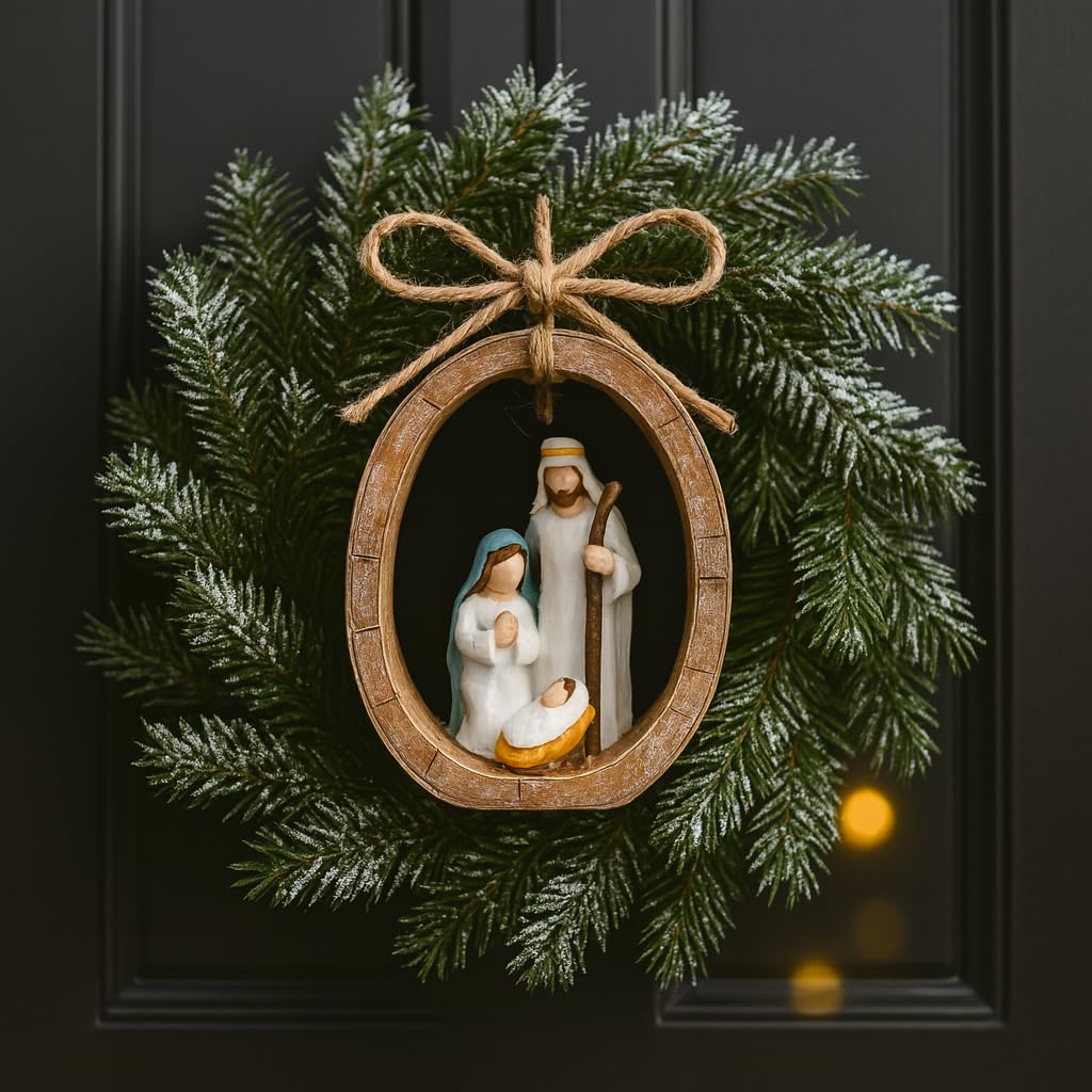 Holy Family Oval Nativity Set Hanging Christmas Ornament, Hand-Painted Resin with Jute Bow, Rustic Faux-Wood Ring, Religious Gift Xmas Tree/Wreath Décor (Nativity Scene)