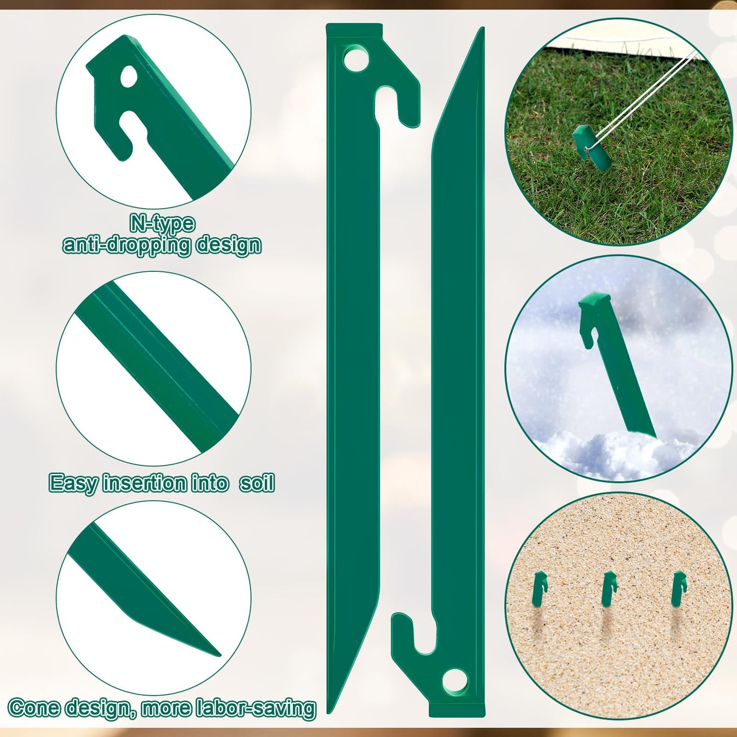 Deekin 36 Pcs Plastic Tent Stakes 9 Inch Heavy Duty Camping Tent Pegs Bulk Spike Hook Plastic Stakes for Summer Beach Garden Decorations Camp Outdoor Lawn Tarp (Green)