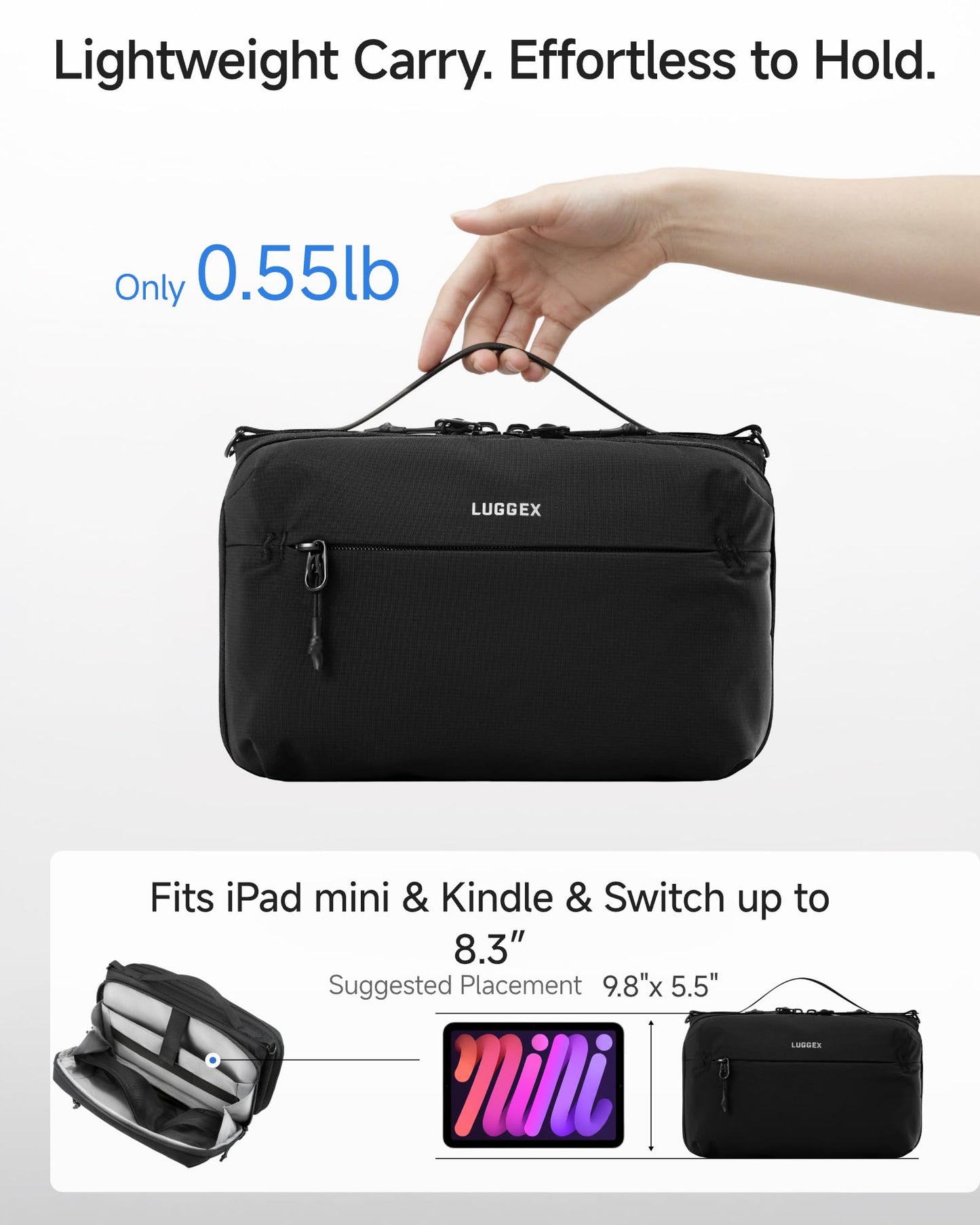 LUGGEX Large Tech Pouch, Cable Organizer Bag with Removable Crossbody Strap, Dual Accessories Bag & Water Resistant for Kindle, Chargers, Cord, Earphone for Travel Office All-in-One, Black
