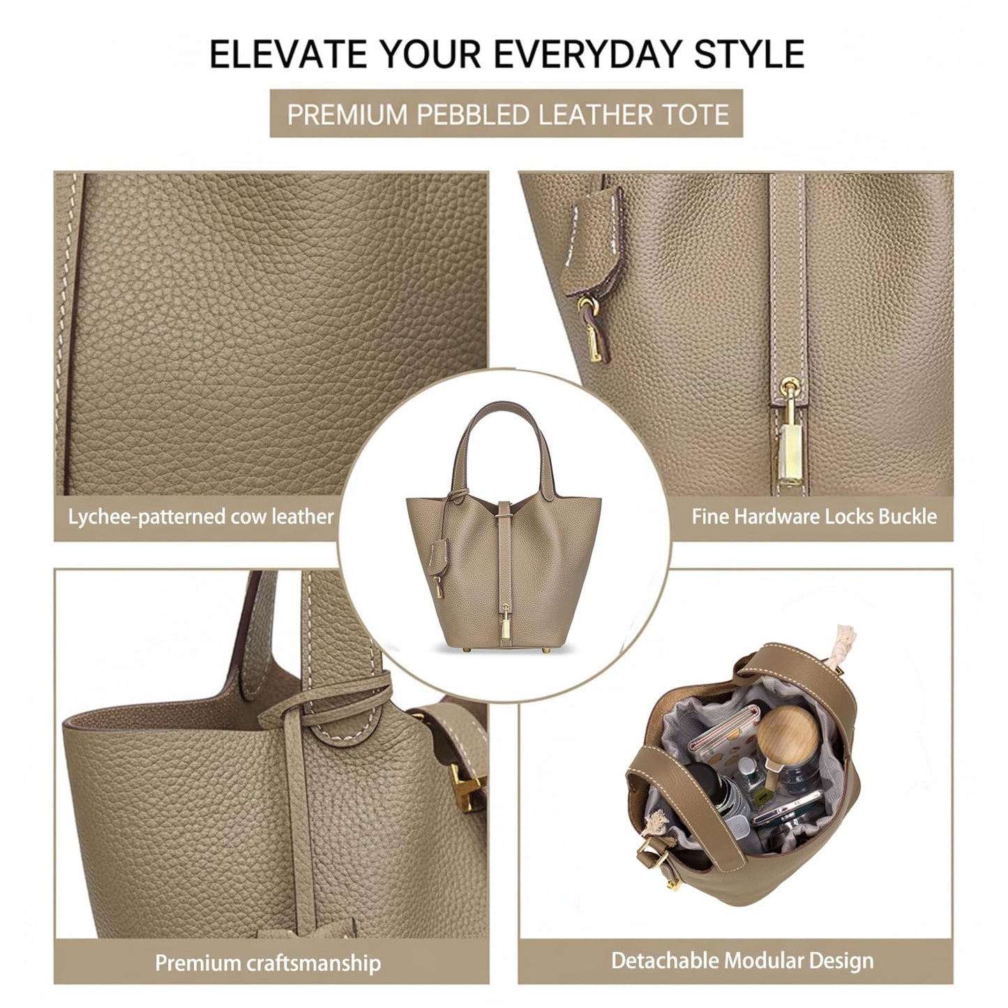 HRANRA Genuine Leather Lock Design Bucket Bag for Women, Vegetable Basket Fashionable Versatile Handbag (Grey)