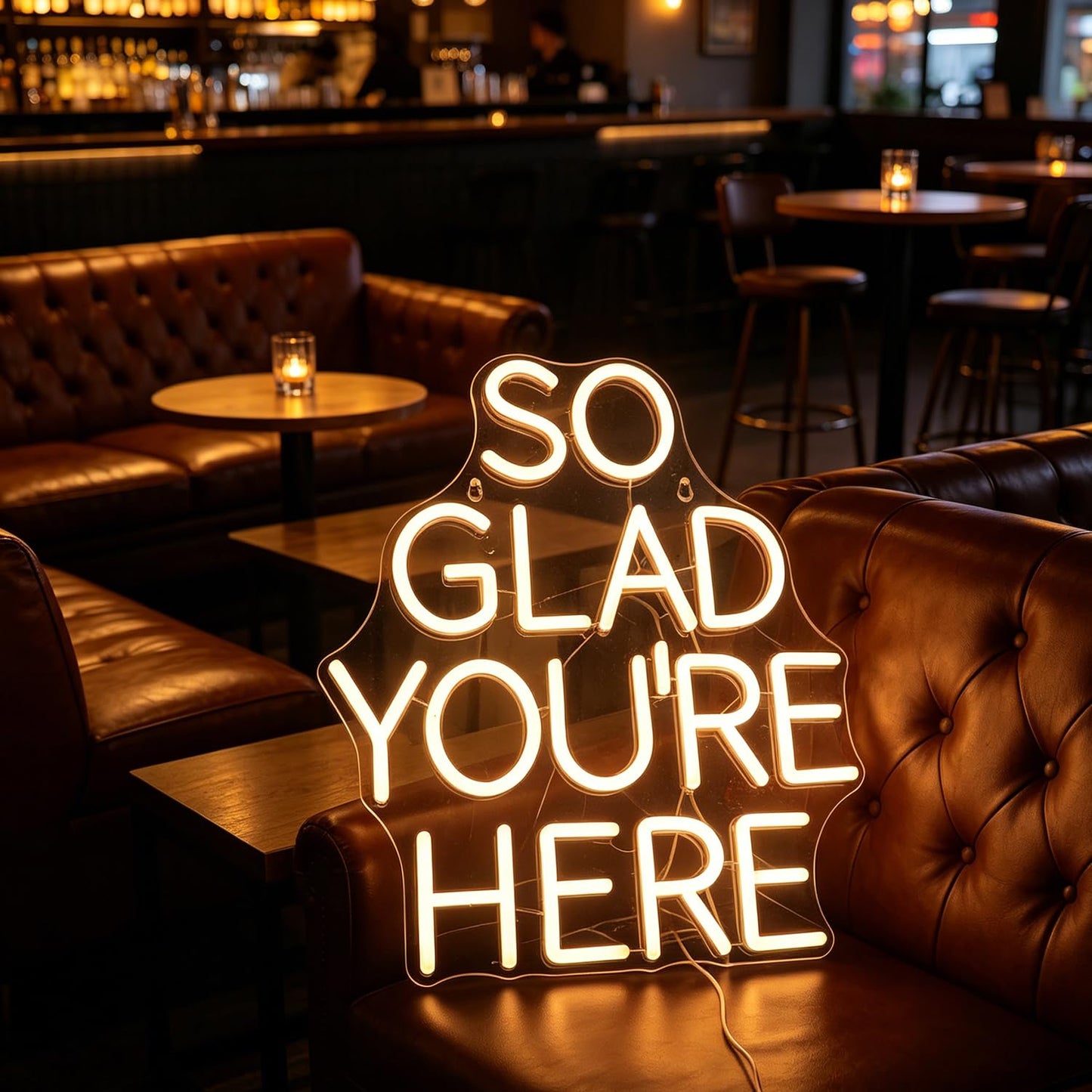 QiaoFei LED "So Glad You Are Here" Neon Sign Pink Word/Letters USB Powered Neon Lights for Bar Coffee Room Home Art Wall Decor  Birthday/Wedding Party Window Living Room Decor(Warm white)