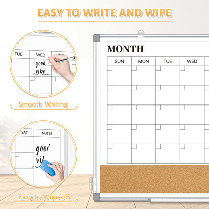 QUEENLINK Dry Erase Calendar Board for Wall, 24"x18" Magnetic Whiteboard Calendar Double-Sided Monthly White Board with Cork Board, Aluminum Frame Memo Message Board for Office, Home, School, Kitchen
