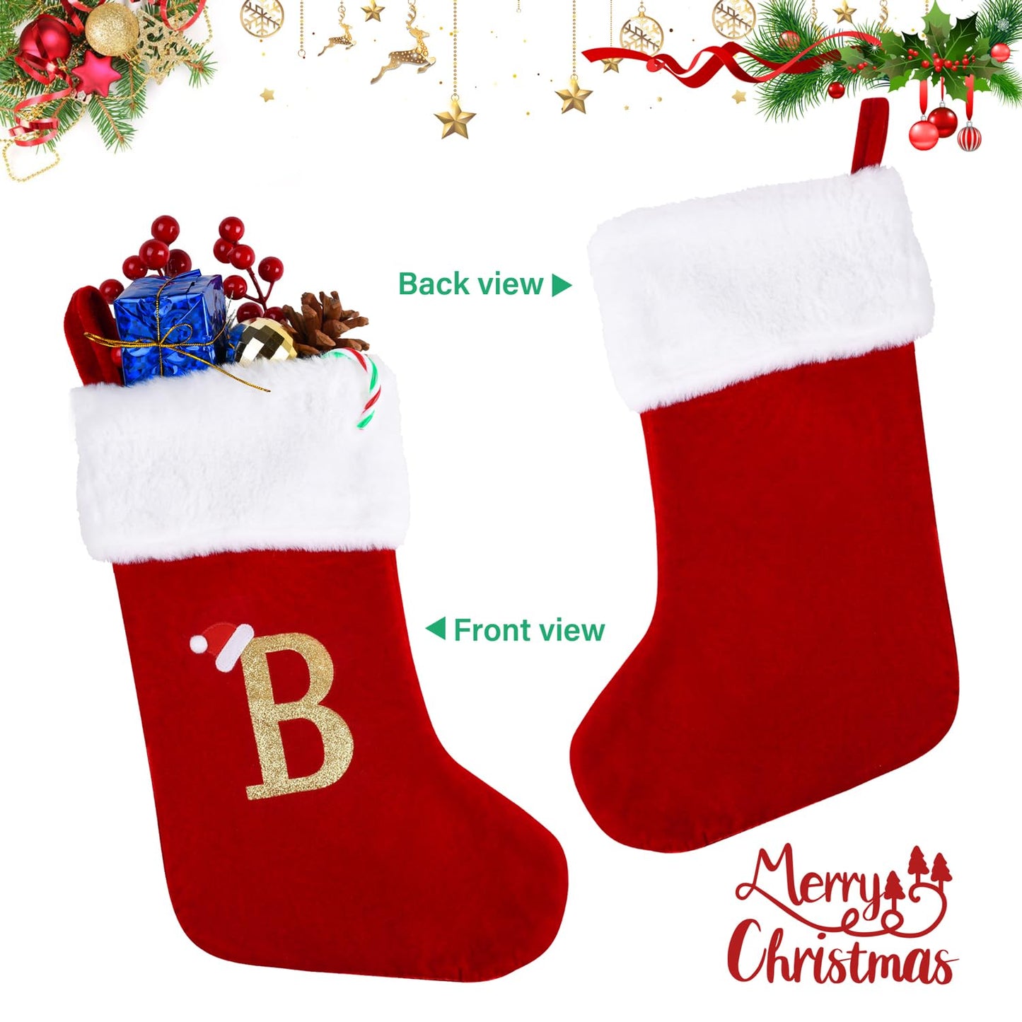Sailup 20 Inches Monogram Christmas Stockings with Letters, Large Super Soft Christmas Stockings Red Velvet with White Super Soft Plush Cuff for Christmas Xmas Tree Holiday Fireplace (B)