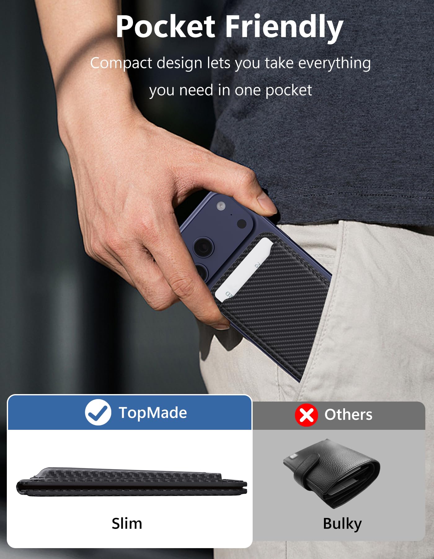 TopMade for MagSafe Wallet with Adjustable Stand, Magnetic Phone Card Holder for iPhone 17/16/15/14/13/12 Series, RFID Blocking Premium Leather, ID Window, Holds 5 Cards, Black Carbon Fiber
