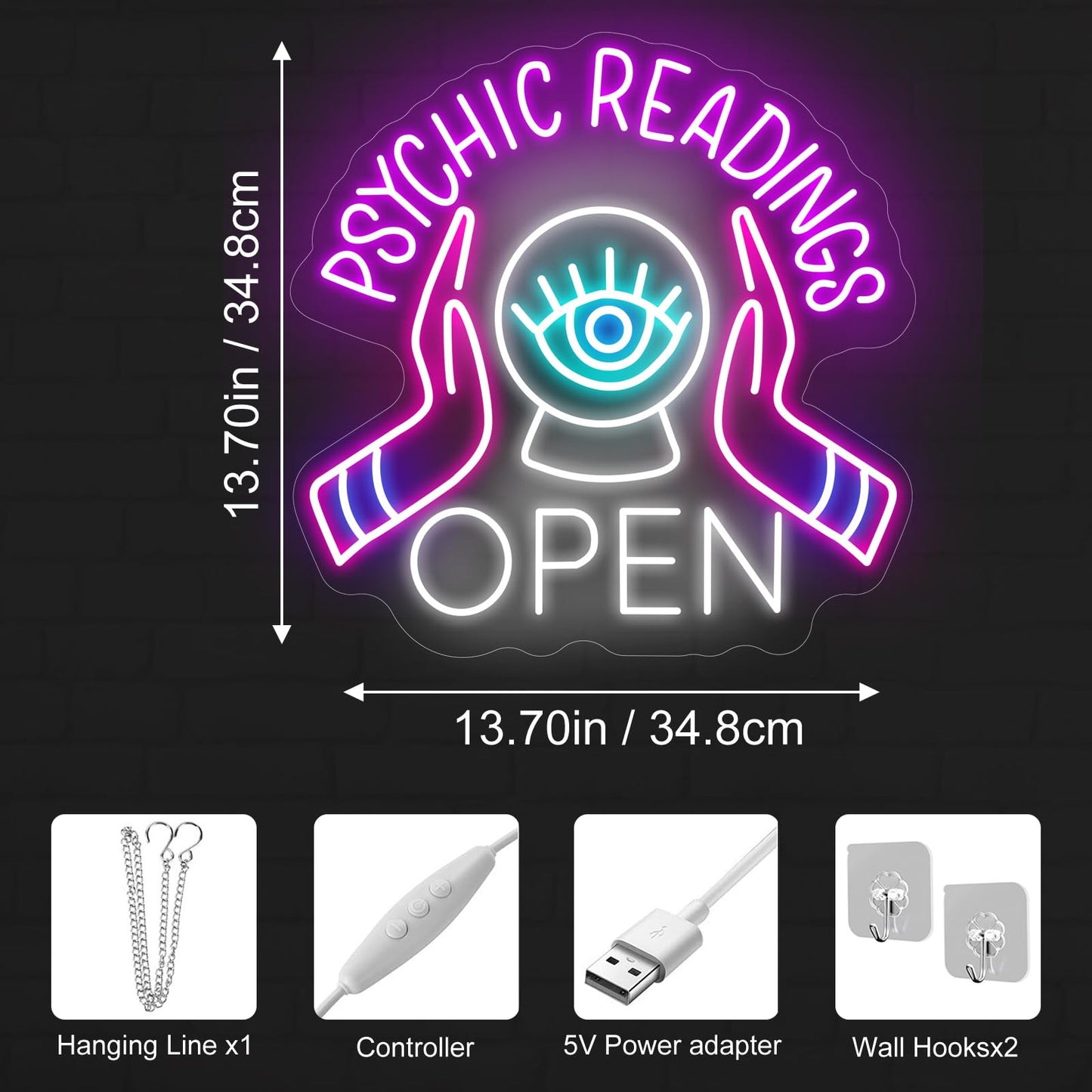 Psychic Readings Open Neon Sign, Palm Reader Wall Light, Home Wall Decor, Yoga Led Sign, Exercise Room Wall Decor, Pilates Studio Art Meditation Room Wall Art Psychic Chakras Healing Exercise