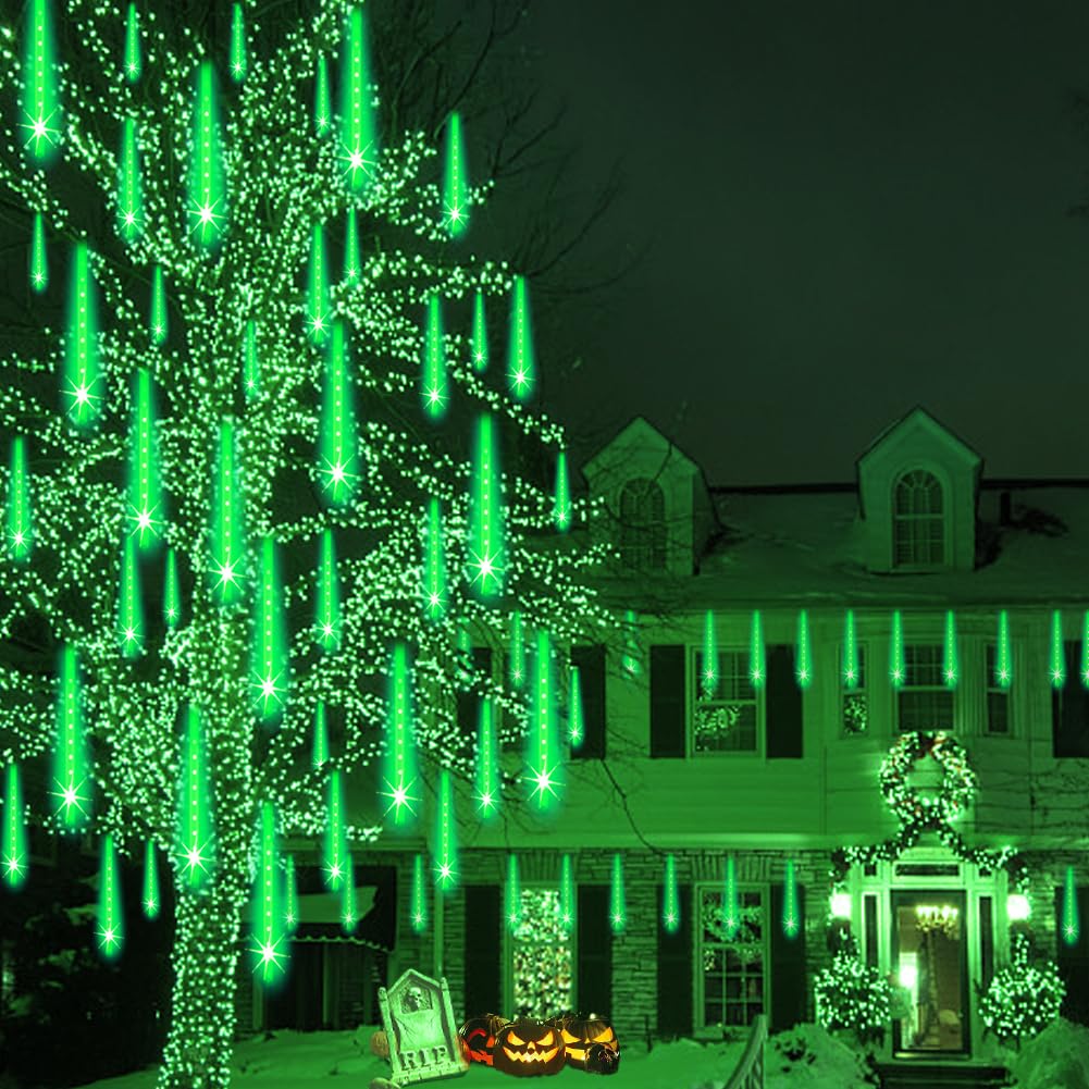 Weepong Halloween Lights Outdoor, Meteor Shower Christmas Lights for Halloween Decorations, 8 Tube 192 LED Snow Falling Rain Icicle String Light for Xmas Christmas Decor Tree Party, UL Plug Green
