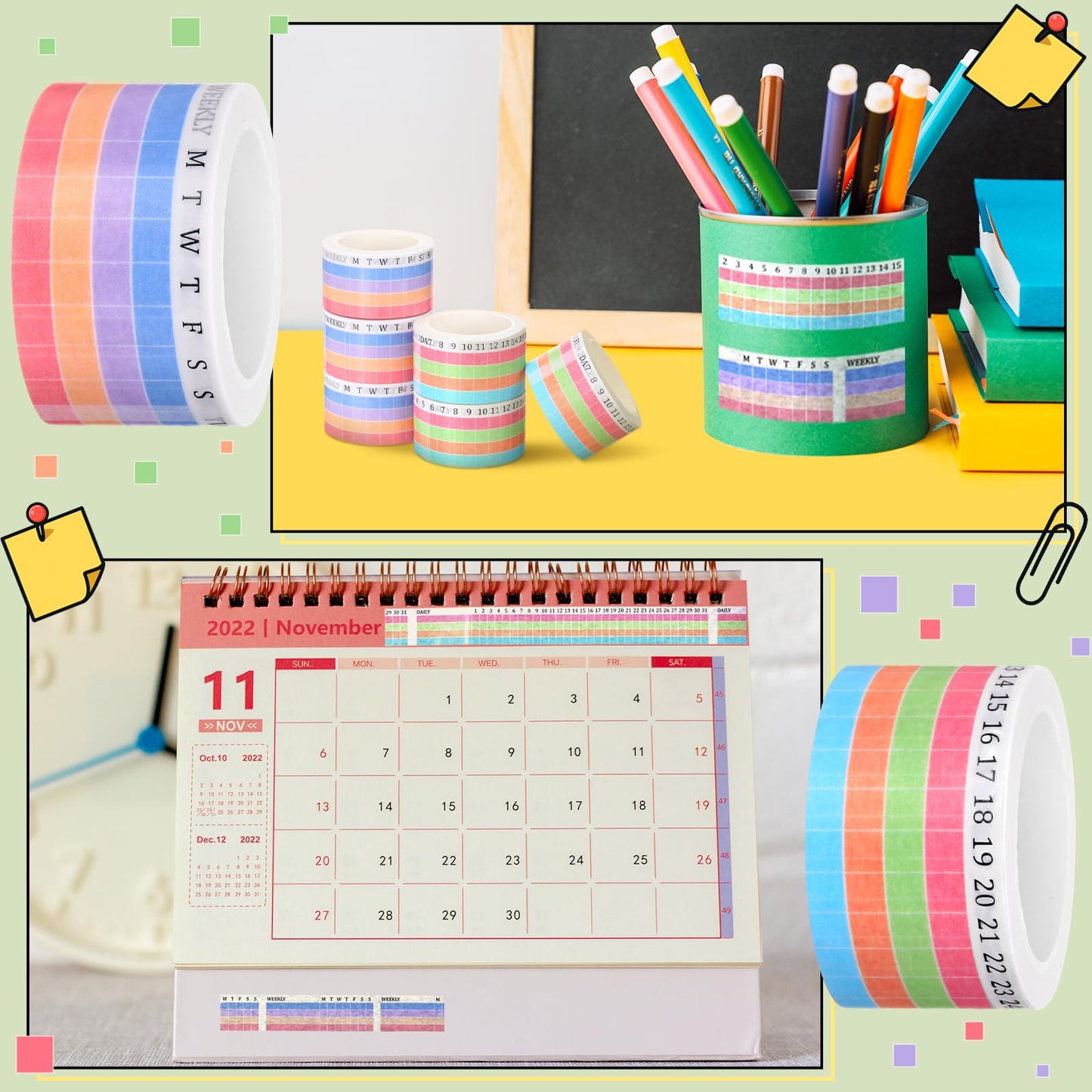 Epakh Habit Tracker Washi Tape Set, 6 Rolls Writable Calendar Planner Tapes with Day Week Number, Decorative Masking Tape for Journals Planners, Back to School Supplies for Students Teachers