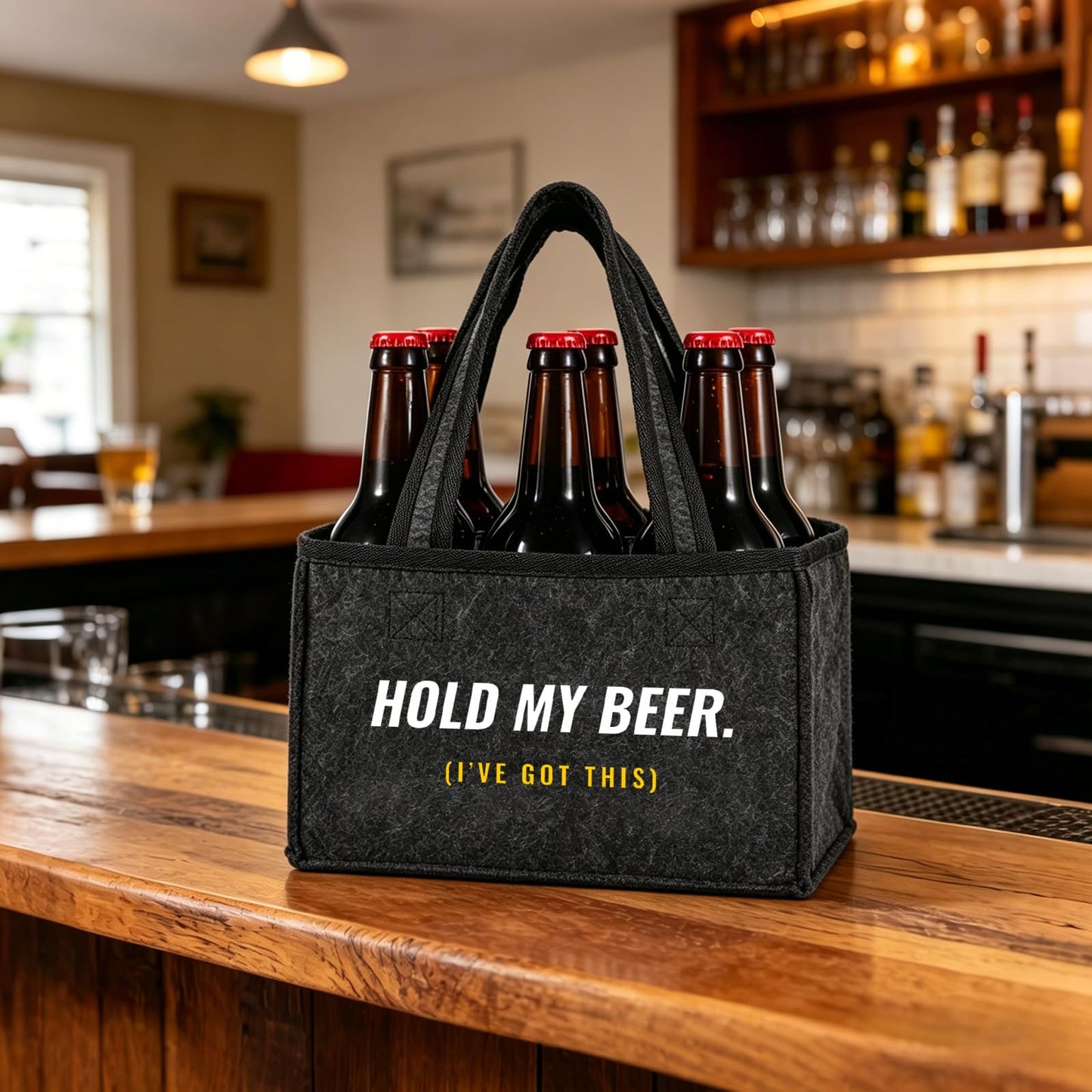 Funny Beer Drink Carrier Bag for Men, Birthday Gift for Beer Lovers, Unique Gifts for Him, Party, BBQ, Camping, and Tailgating, 6-Bottle Felt Beer Tote