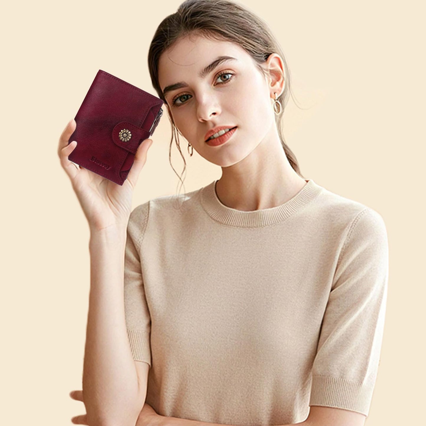 Blucoay Wallet Women,RFID Blocking Real Leather Womens Wallet Bifold Compact Card Holder Small Wallet for Women with Removable ID Window Red