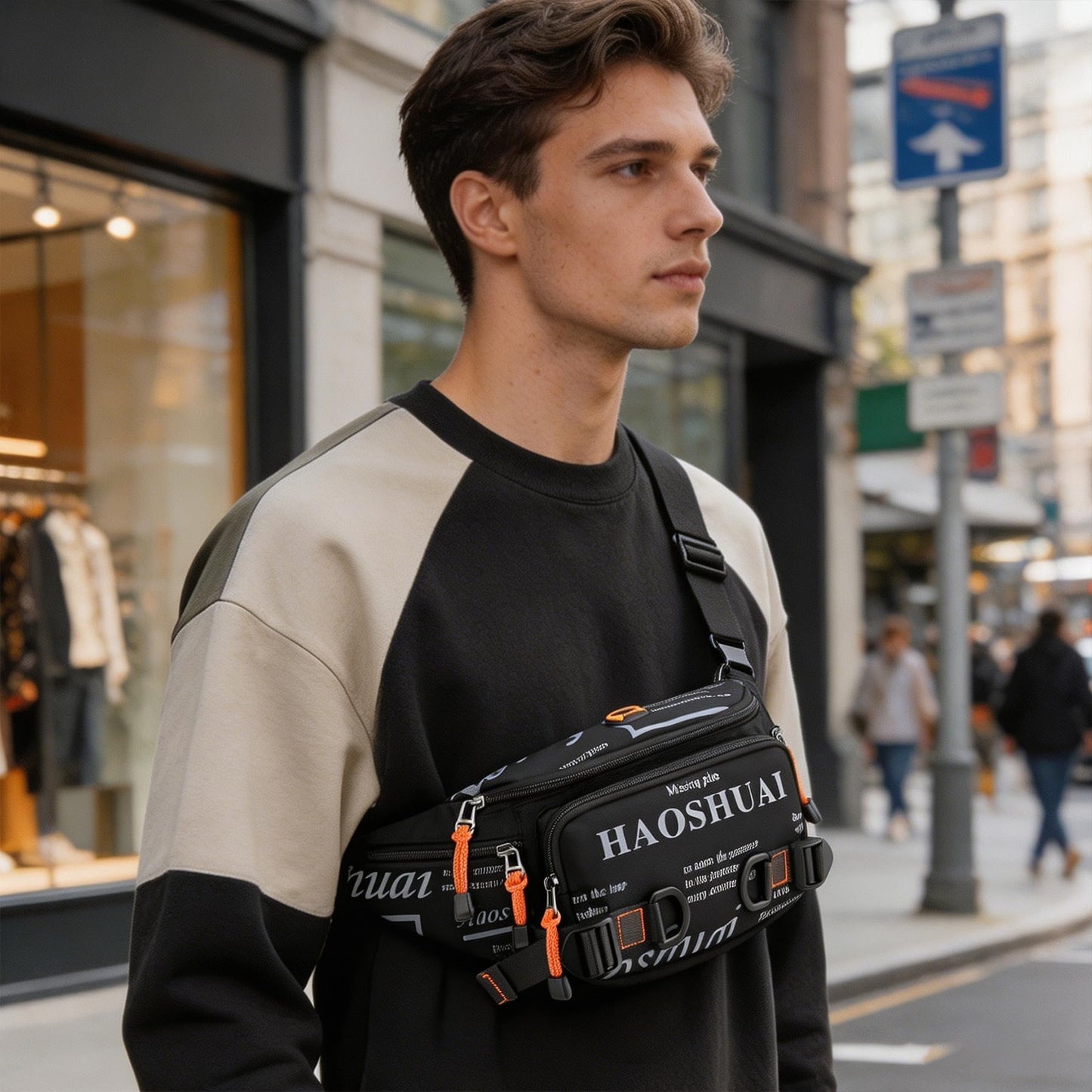 Fanny Pack for Men Women Waist Bag with Headphone Jack Utility Hip Belt Pouch Crossbody Bags Bumbag for Cycling Hiking Walking Fishing Black02
