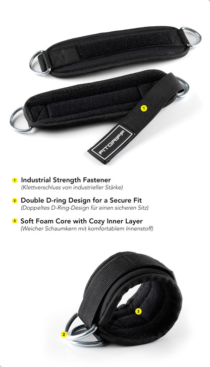 Fitgriff® Ankle Straps V3 for Cable Machine (2 Pieces) - Gym Workout Equipment - Leg Pulley Attachment, Kickback Straps (Black/White)