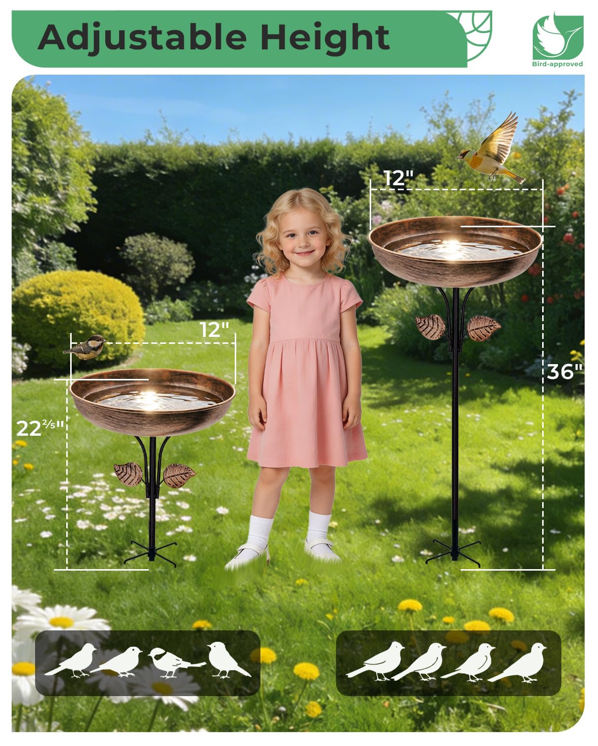 OUISJYER Metal Bird Bath for Outdoors, 12" Dia Bowl with Stable Upgrades Stake Birdbaths Garden Yard Lawn Decor 0.7 Gallon