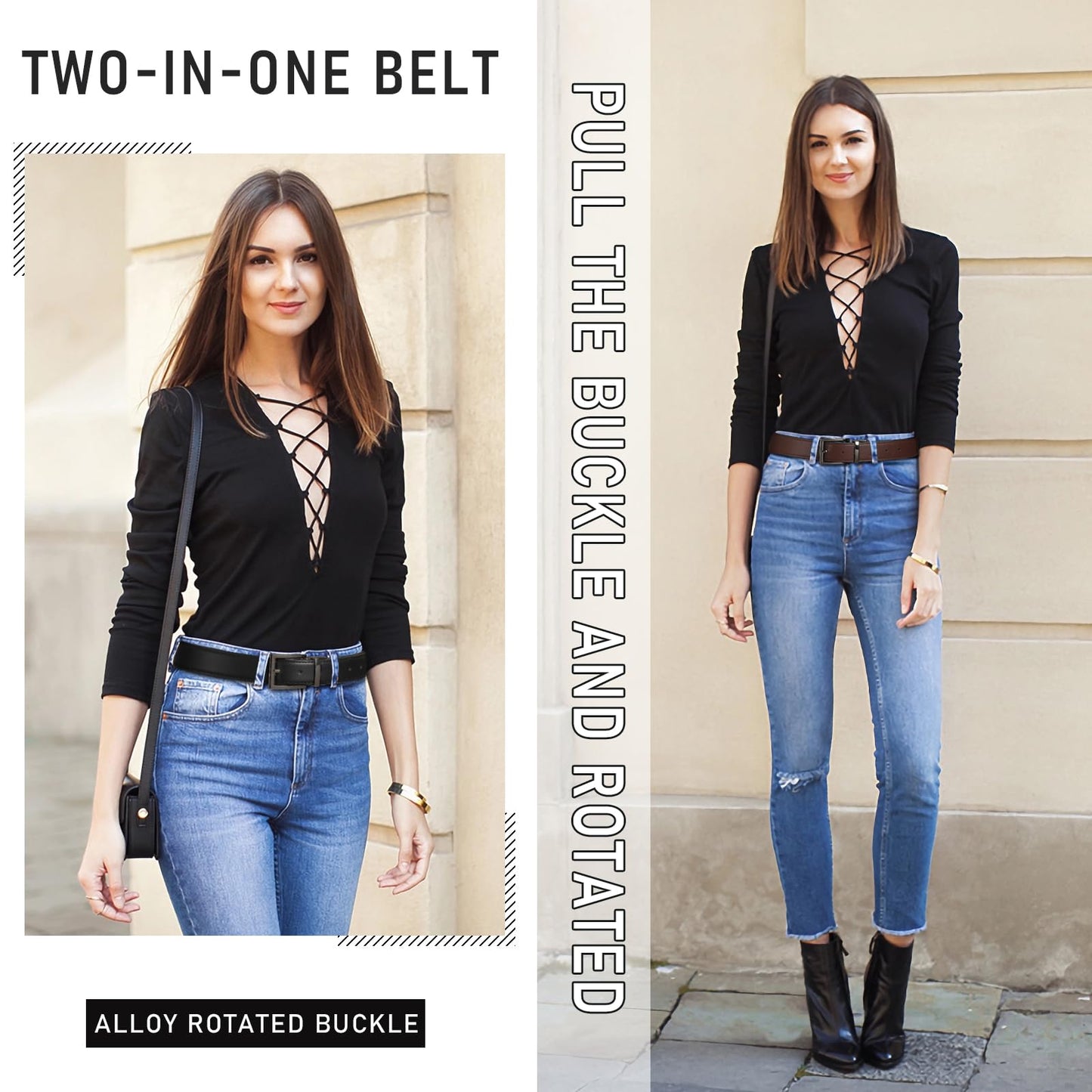 AWAYTR Reversible Leather Belt for Women - Two Color-in-One Belt for Jeans Dress Women Men Belt with Rotated Buckle(Coffee/Black with Gun Color Buckle 25in-31in)