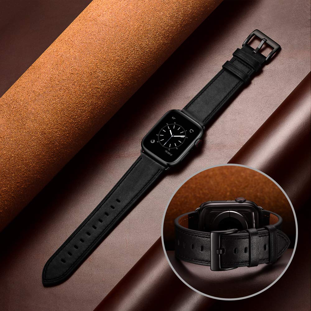 OUHENG Leather Bands Compatible with Apple Watch Band 42mm 41mm 40mm 38mm, Genuine Leather Strap Compatible with Apple Watch Series 11/10/9/8/7/6/5/4/3/2/1 & SE3 SE2 SE, Black/Black