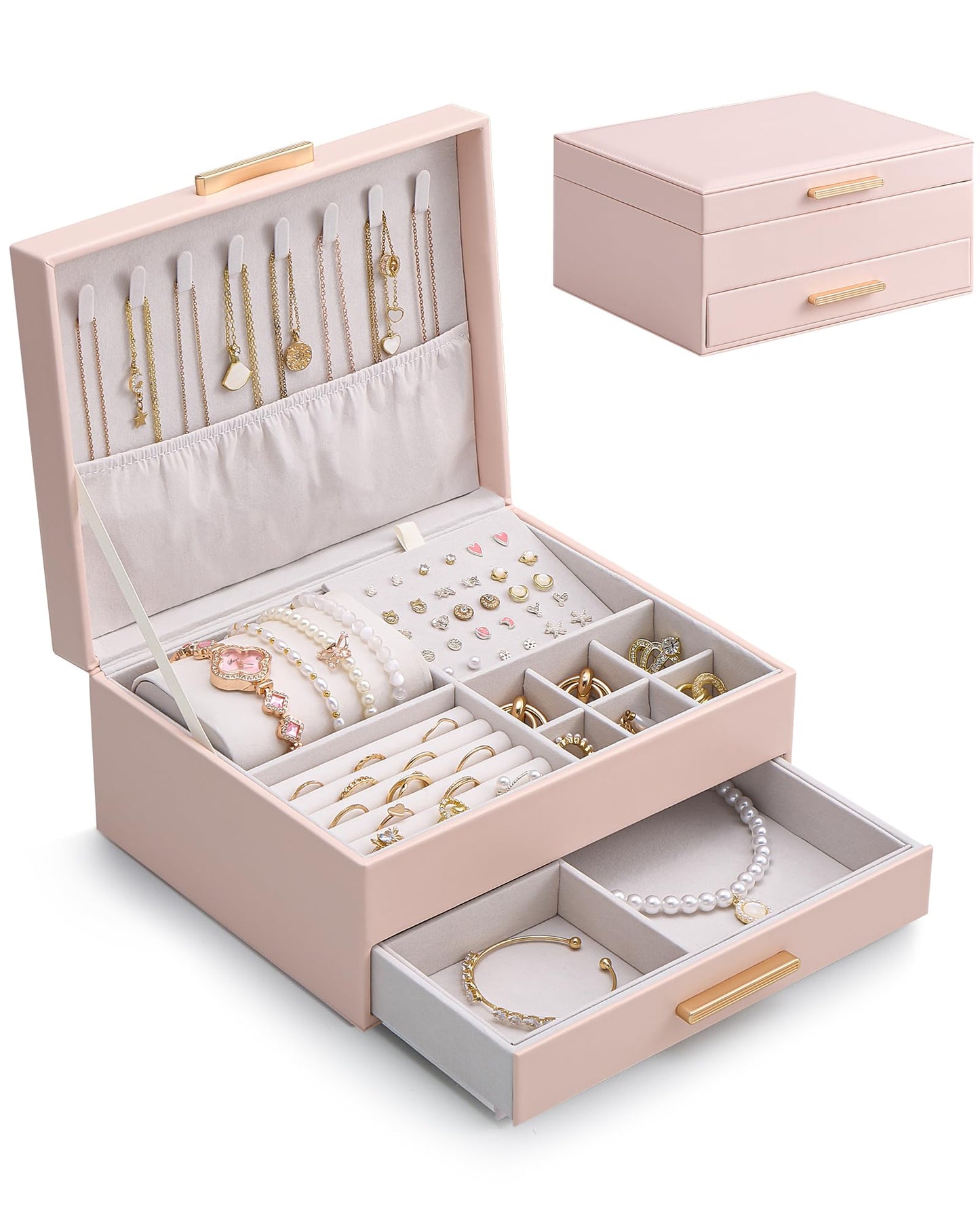 Lolalet 2-Layer Jewelry Box Organizer for Women Girls, Jewelry Storage Case Holder with Drawers for Necklaces Ring Earrings Bracelet Watch, Gifts Choice for Mom Mother’s Day -Pink