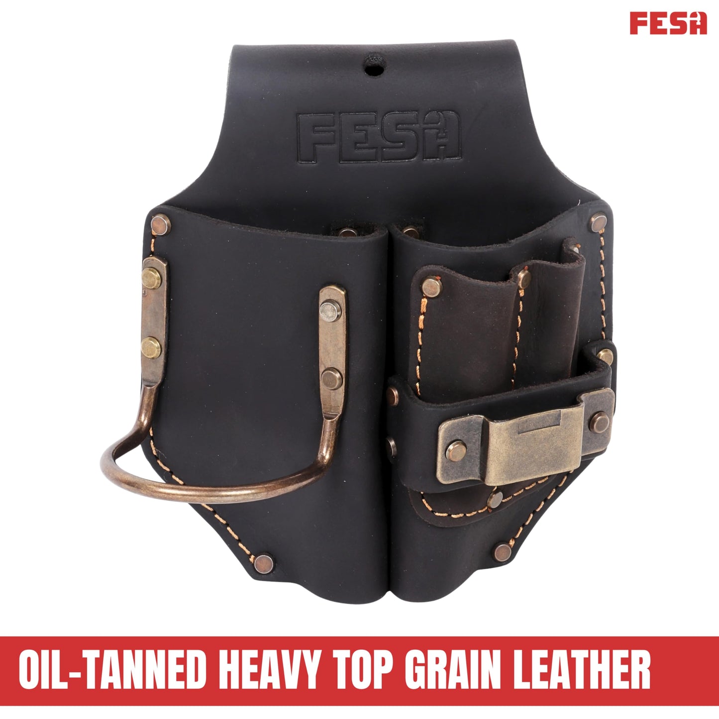 FESA Durable Leather Pliers Holster - Heavy Top Grain Leather Double Plier Holder for Belt with Steel Hammer Holder, Tape Clip & 2 Carpenter's Pencil Pockets - Clip On Any Belt - Handcrafted (Brown)