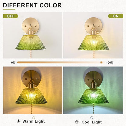 Plug in Wall Sconces Set of 2, Vintage Wall Sconce Light with Gradient Green Glass Lampshade, 180° Adjustable Wall Sconce with Switch and Plug in Wall lamp Cord, Gold Wall Light Wall Decor Set of 2