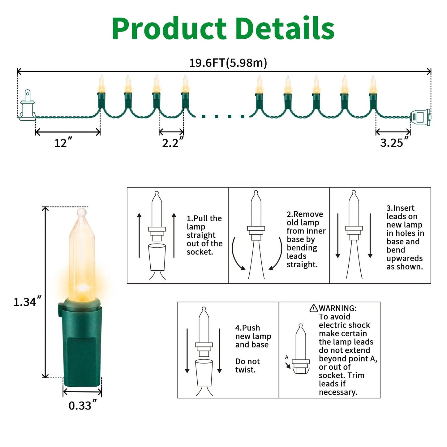 LAMPHOME Clear Warm White Christmas String Lights, 100 Count 19.6Ft Incandescent Mini Lights, Green Wire Waterproof Indoor Outdoor String Lights for Xmas Tree, Garland & Holiday Party Decor