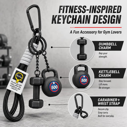 Exodmx Fitness Dumbbell & Kettlebell Keychain - Cute Mini Charm for Gym Lovers, Car/Bag/Purse Accessory (Gift for Men & Women)-black