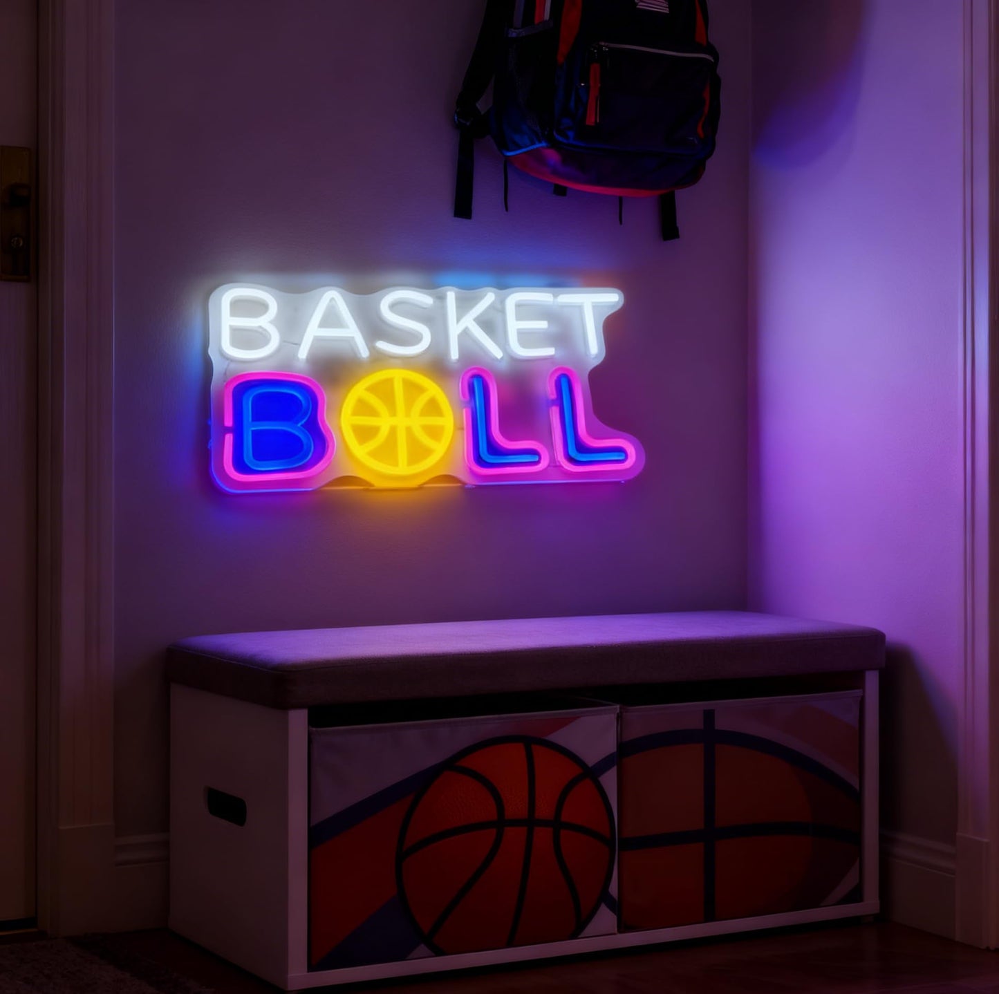 Basketball LED Neon Sign, Sports Theme Light Up Neon Sign, Teen Bedroom Game Room Home Wall Table Decor, Basketball Fan Birthday Party Gift, USB Powered Decorative Light 16.5 x 9.8 In