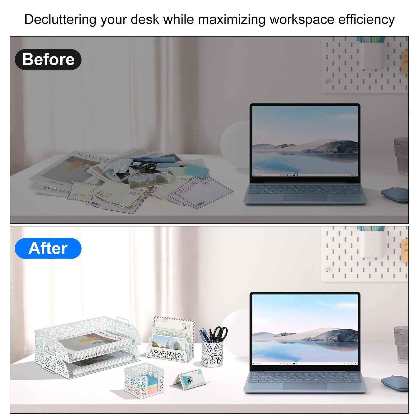 EasyPAG Desk Organizers and Accessories 5 Pieces Office Supplies Set - 2 Tier Paper Tray, Pencil Organizer for Desk, Mail Sorter Countertop, Business Card Holder and Sticky Note Holder, White