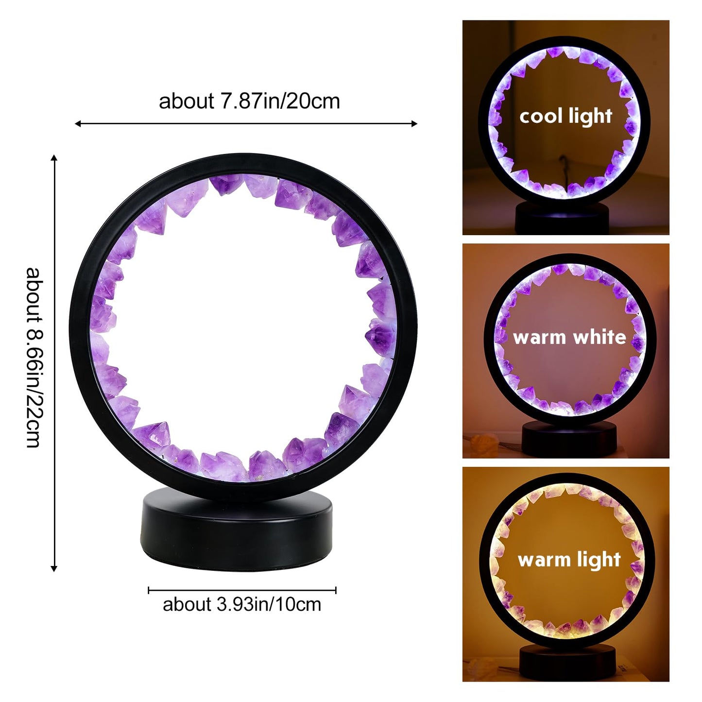 Runyangshi Amethyst Tooth Night Lamp 8.6" Natural Healing Crystal Bedside Lamp USB Port 3 Colours Dimming Mode Bedroom Lamp Suitable Night Light Ideal Gift