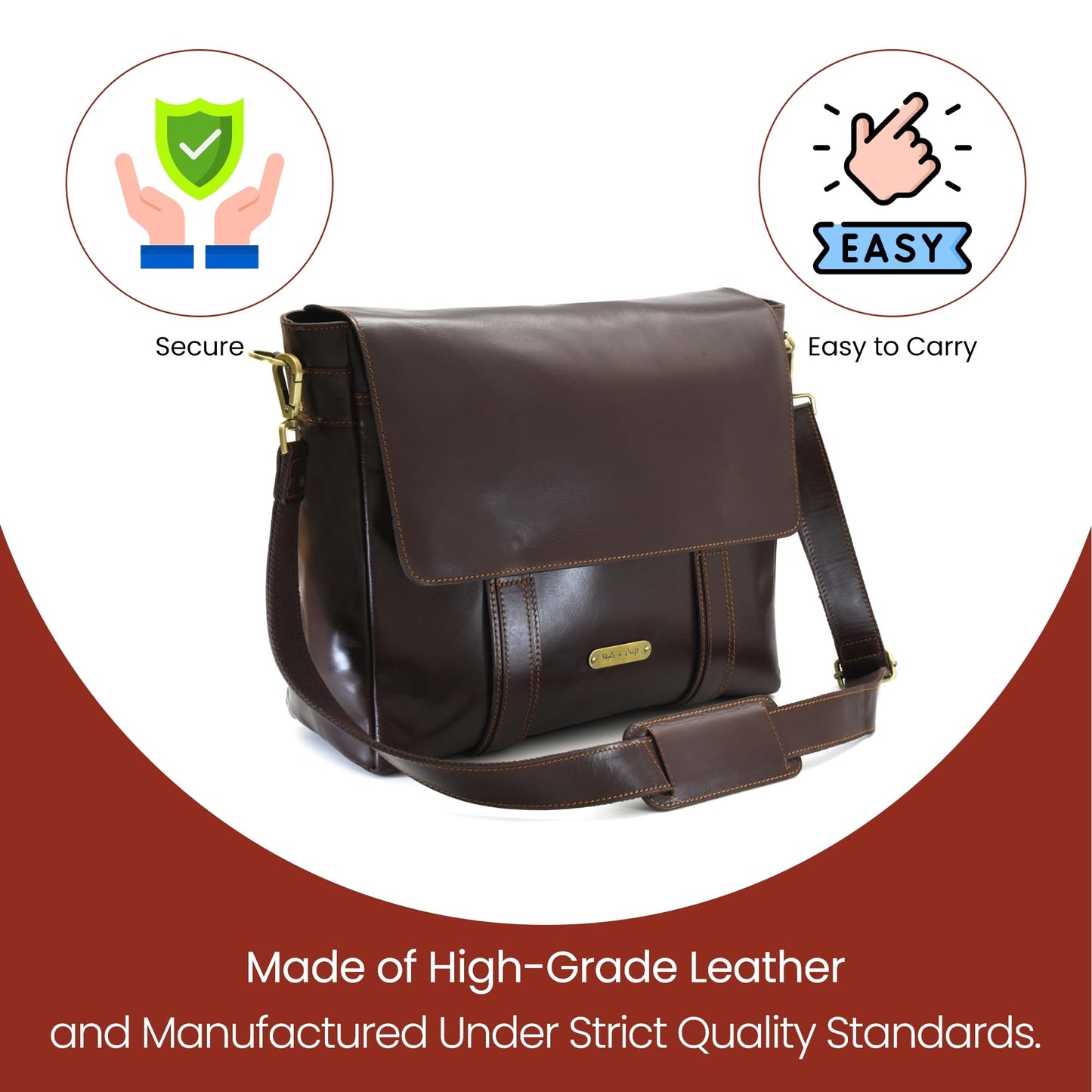 Style N Craft Messenger Bag, Full-Grain Leather Soft Briefcase Laptop Bag for Men and Women, Dark Brown (392005)