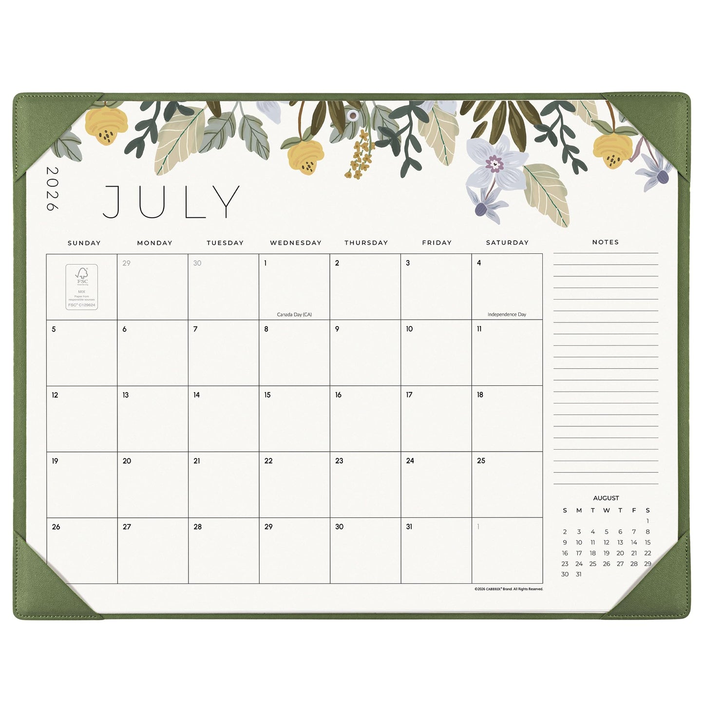 Desk Calendar 2026 with Desktop Mat, Cabbrix Large Desk Pad Calendar 22 x 17 Inch 18 Months Runs From July 2026 to December 2027, Floral Design Calendar 2026 for Home School and Office (Green)