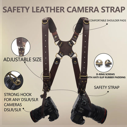 4J LEDR Dual Camera Harness Strap for Two-Cameras,Dual Shoulder Full Grain Leather Harness,Multi Double Camera Gear for DSLR/SLR Strap,Double Camera Harness for Photographers,Small Size,Brown
