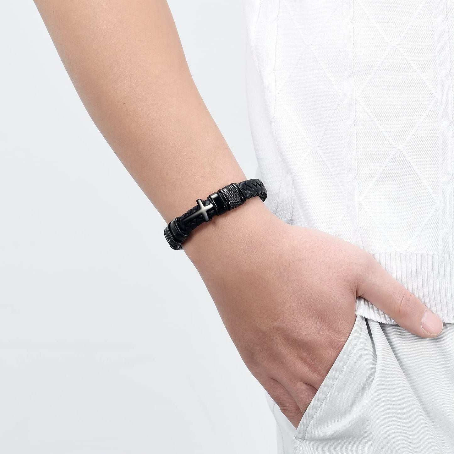 Minicremation Cross Cremation Jewelry Urn Bracelet for Ashes Genuine Leather for Women Men Keepsake Memorial Cuff Bangle Braided Wristband Bracelet for Men (Black-A, 18cm/7.08")