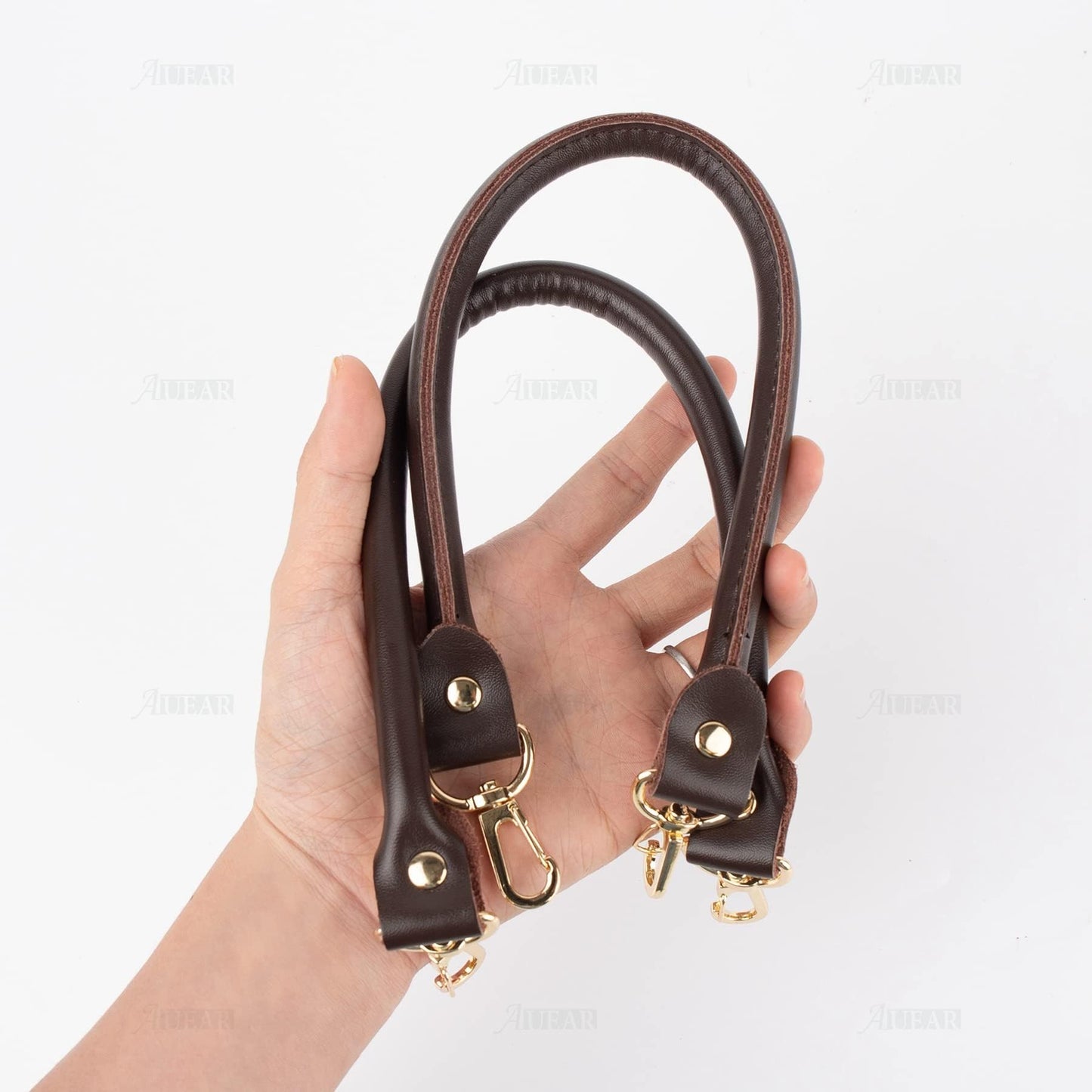 AUEAR, 2 Pack Purse Straps Replacement Leather Handbag Handles Dark Brown with Gold Metal Lobster Buckles
