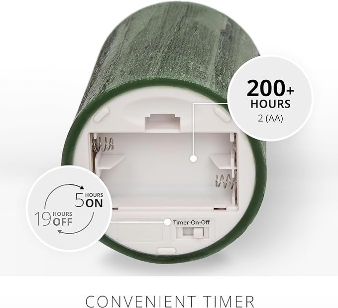 Luminara Selenite Looking Flameless Candle, Holiday Green 3" x 4.5", Battery Operated Real Wax Moving Flame LED Pillar w/Timer, Home Decor Unscented