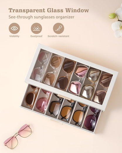 Lolalet 12 Slots 2-Layer Sunglasses Storage Box for Women, Eyewear Eye Glass Sunglass Organizer with Clear Top Lid Display Holder Case for Eyeglass Watch Jewelry -Beige