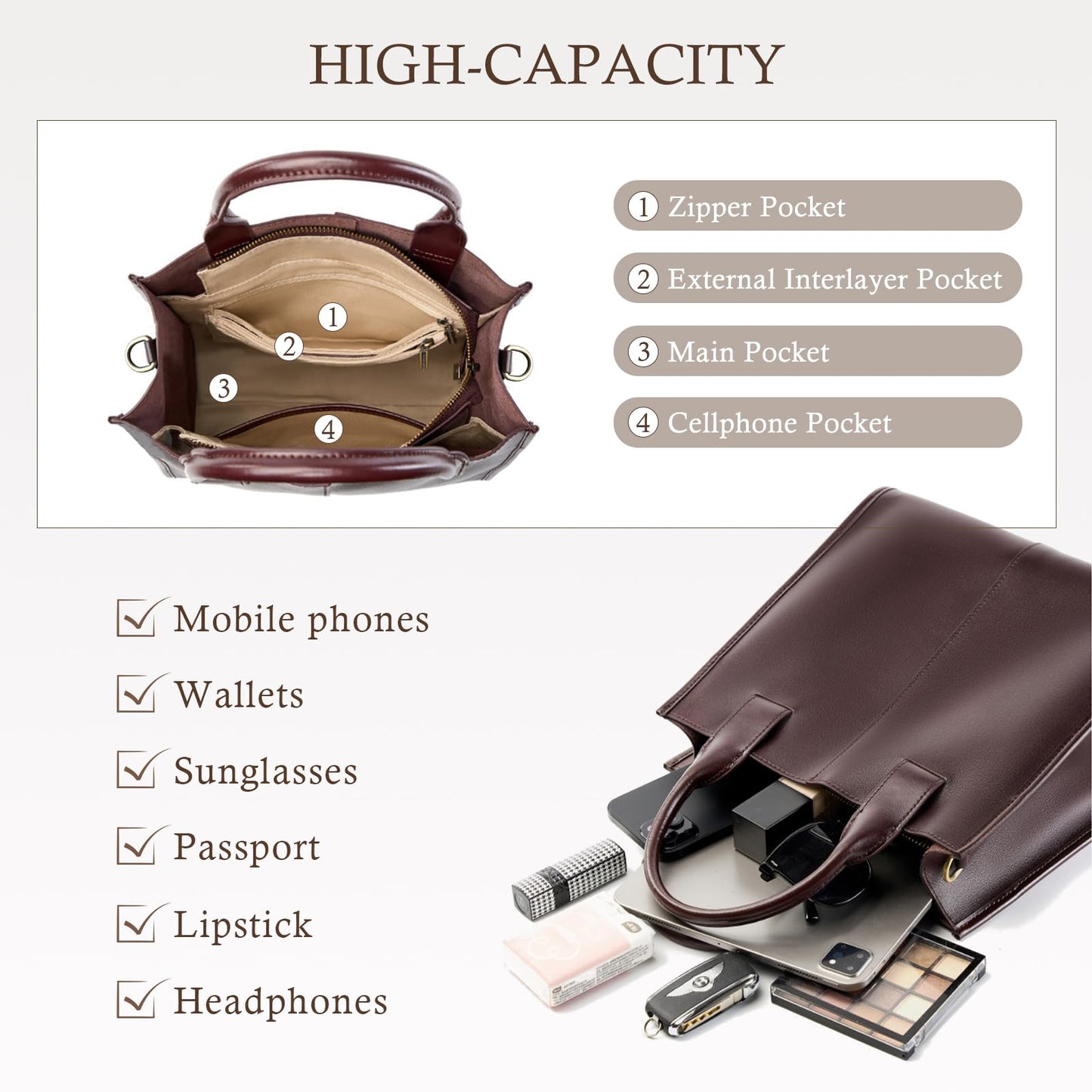 MFFOR Genuine Leather Crossbody Handbags, Work Tote Bag for Women, Top Handle Bags, Shoulder Purses for Office Travel (Coffee)
