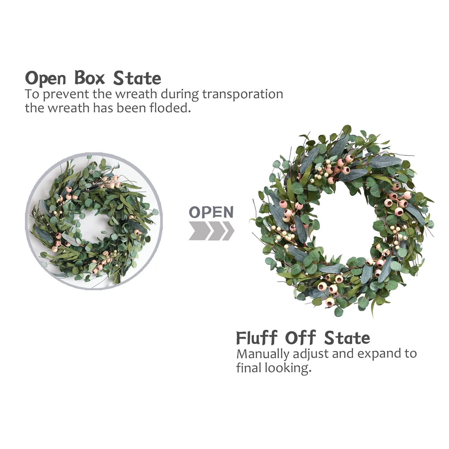 Bibelot 20inch Artificial Eucalyptus Wreath Green Leaves White Berry Big Berries Wreath for Front Door All Seasons Decoration Year Round Decor Home Decor