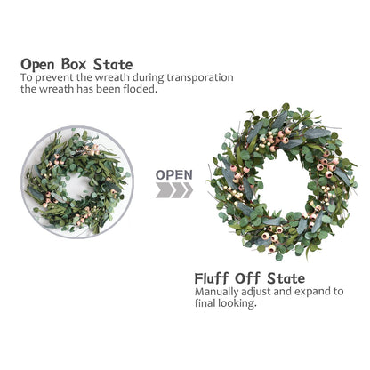 Bibelot 20inch Artificial Eucalyptus Wreath Green Leaves White Berry Big Berries Wreath for Front Door All Seasons Decoration Year Round Decor Home Decor