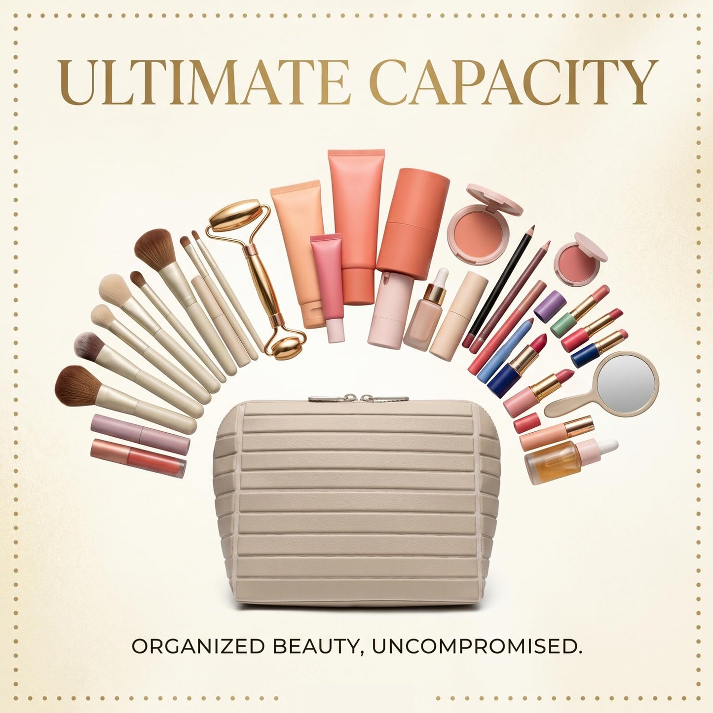Parallel Traveler Makeup Bag, Large Capacity PVC Toiletry Case, Fold Down Cosmetic Bag with Brush Holder, Water-Resistant & Portable Makeup Bag for Women (Apricot, Small)