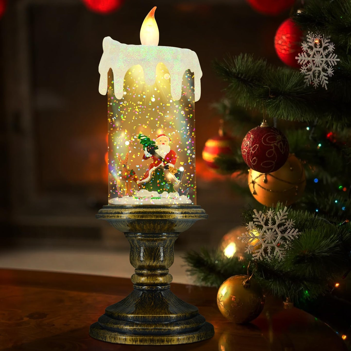 AOMIL Christmas Flameless Candles, Flickering Flameless Candles with Timer, Christmas LED Candles Battery Operated, Snow Globe Candle Light for Christmas Decorations