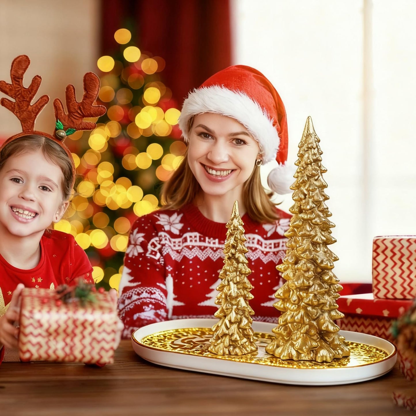 Set of 2 Gold Glitter Resin Trees,Small Pine Tree Figurines Decorative Christmas Trees Tabletop Centerpieces Decor for Christmas,Xmas,Holiday,9.6'' / 6.1''
