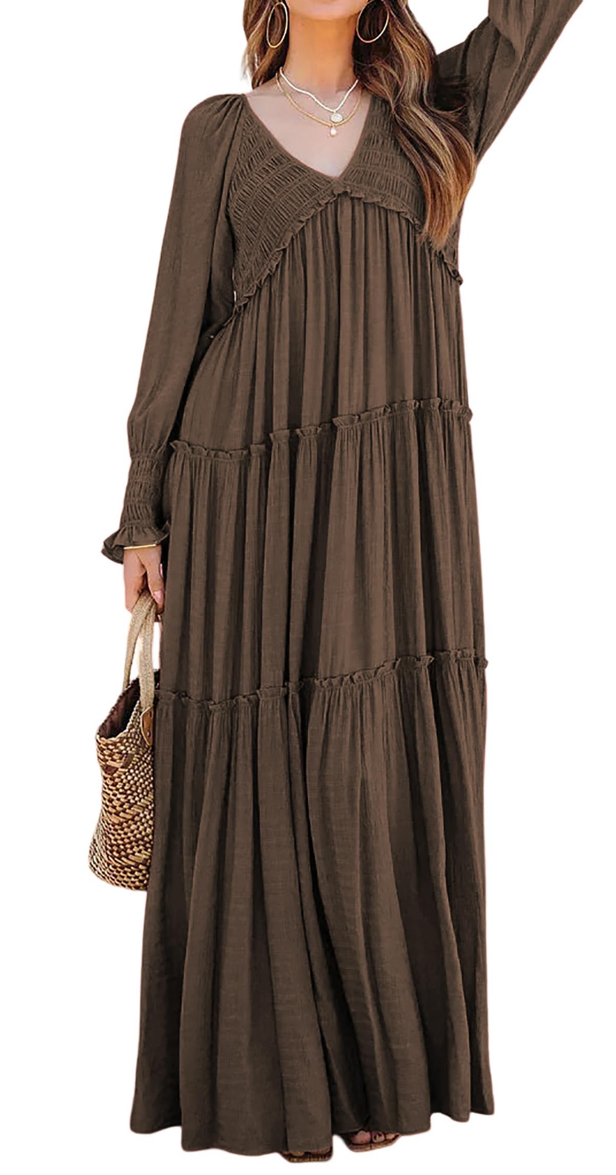 R.Vivimos Maxi Dress for Women Long Sleeve V Neck Empire Waist Layered Ruffle Boho Casual Flowy Long Dresses
