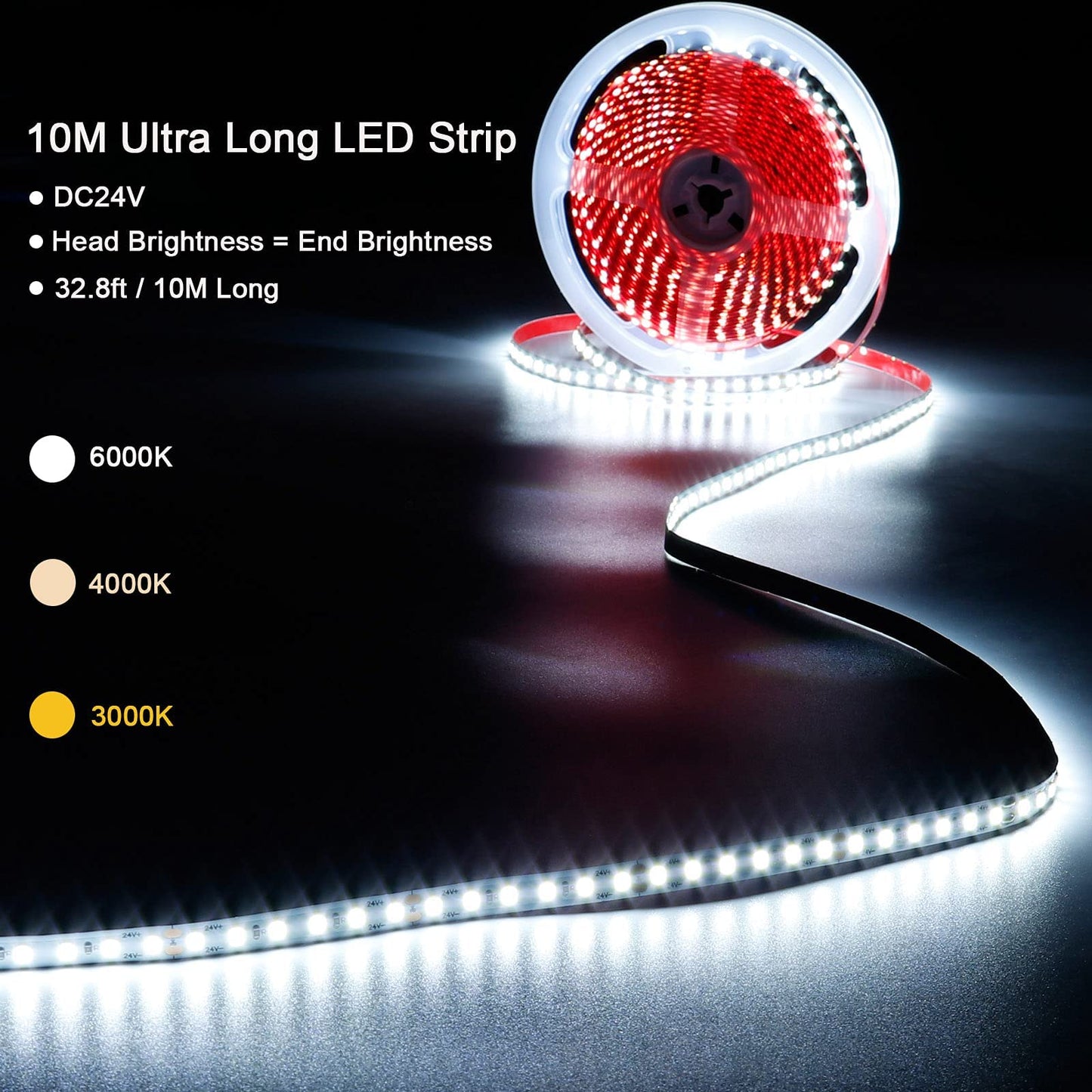 KXZM DC 24V 32.8ft(10M) LED Strip Light Natural White 4000K 1200LEDs 2835 SMD 90W High Brightness 7200LM No-Waterproof IP20 Flexible Ribbon for Hallways Stairs Decoration Lighting(No Power Supply)
