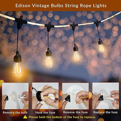 Outdoor String Lights 28.2 FT, Waterproof Dimmable LED Edison Bulbs with Remote, Rope-Style Durable Design, Commercial-Grade Patio Lights, Decorative for Garden,Gazebo,Backyard, Party & Holiday