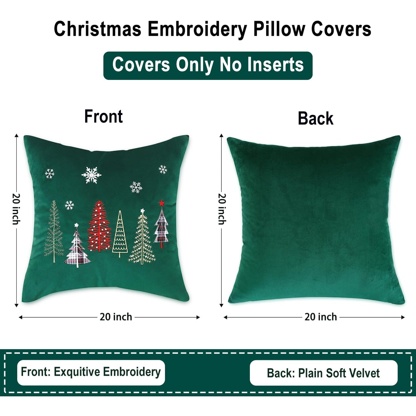 Tosleo Christmas Embroidery Throw Pillow Covers 20 x 20 inch Set of 2 Christmas Decor Velvet Pillowcases Forest Green Xmas Trees Cushion Pillow Cases Soft Square Holiday Pillowcase
